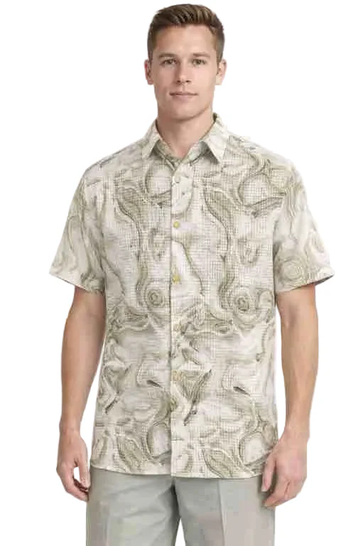 Mens Beige Abstract Print Short Sleeve Shirt – Casual Summer Button-Up Relaxed Fit