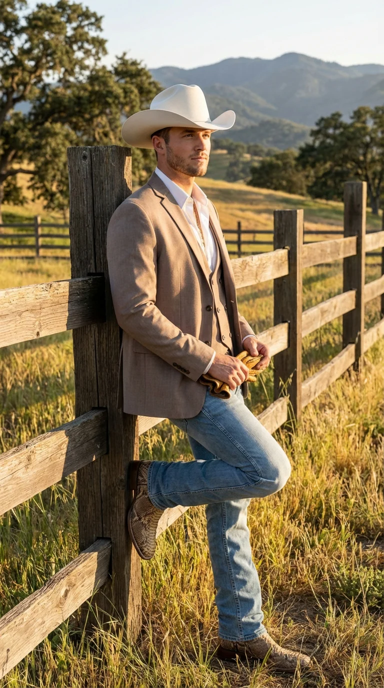 Men’s Beige Cowboy Blazer with Double breasted Vest – Western Two Piece Suit Pants included - Image 10