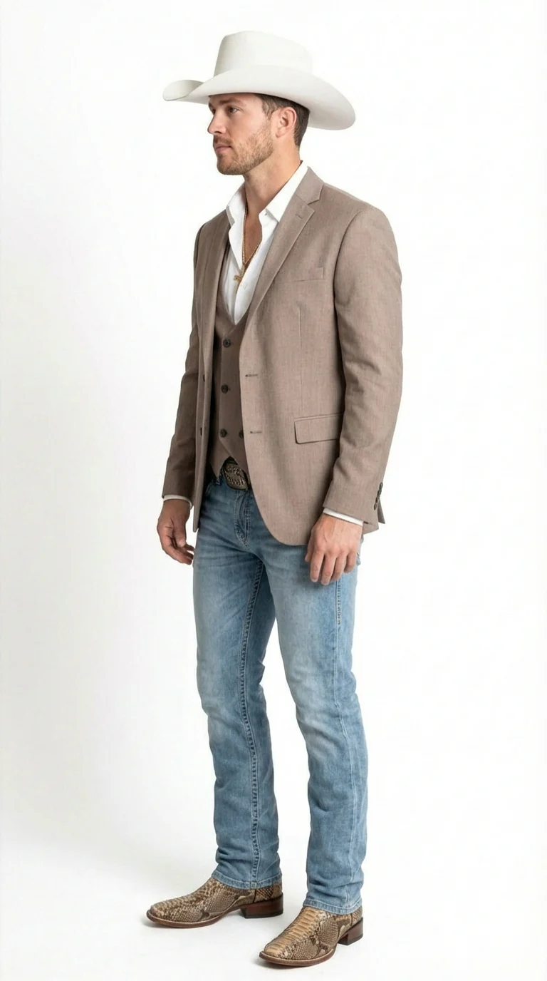Men’s Beige Cowboy Blazer with Double breasted Vest – Western Two Piece Suit Pants included - Image 3