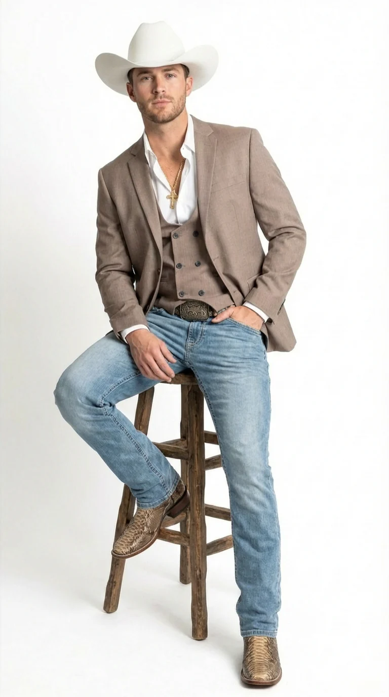 Men’s Beige Cowboy Blazer with Double breasted Vest – Western Two Piece Suit Pants included - Image 4