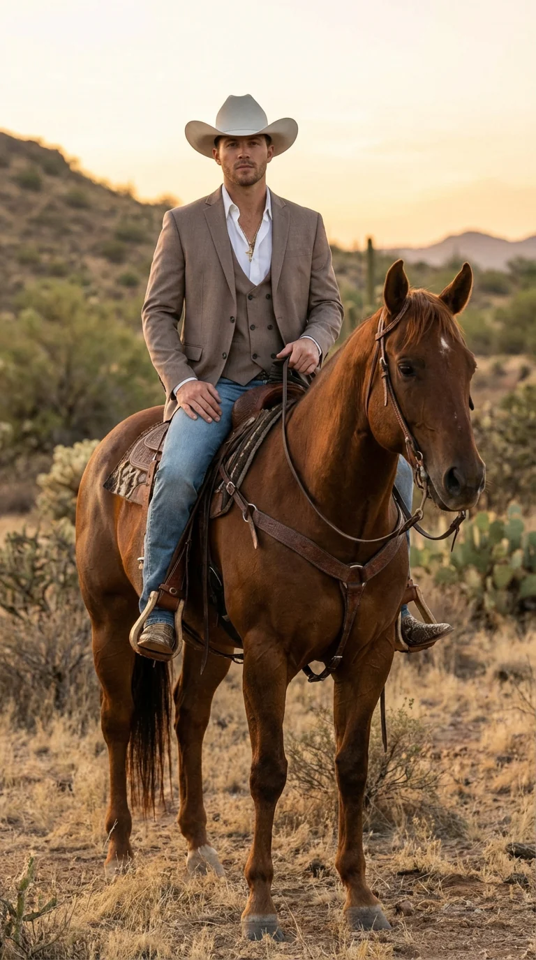 Men’s Beige Cowboy Blazer with Double breasted Vest – Western Two Piece Suit Pants included - Image 6