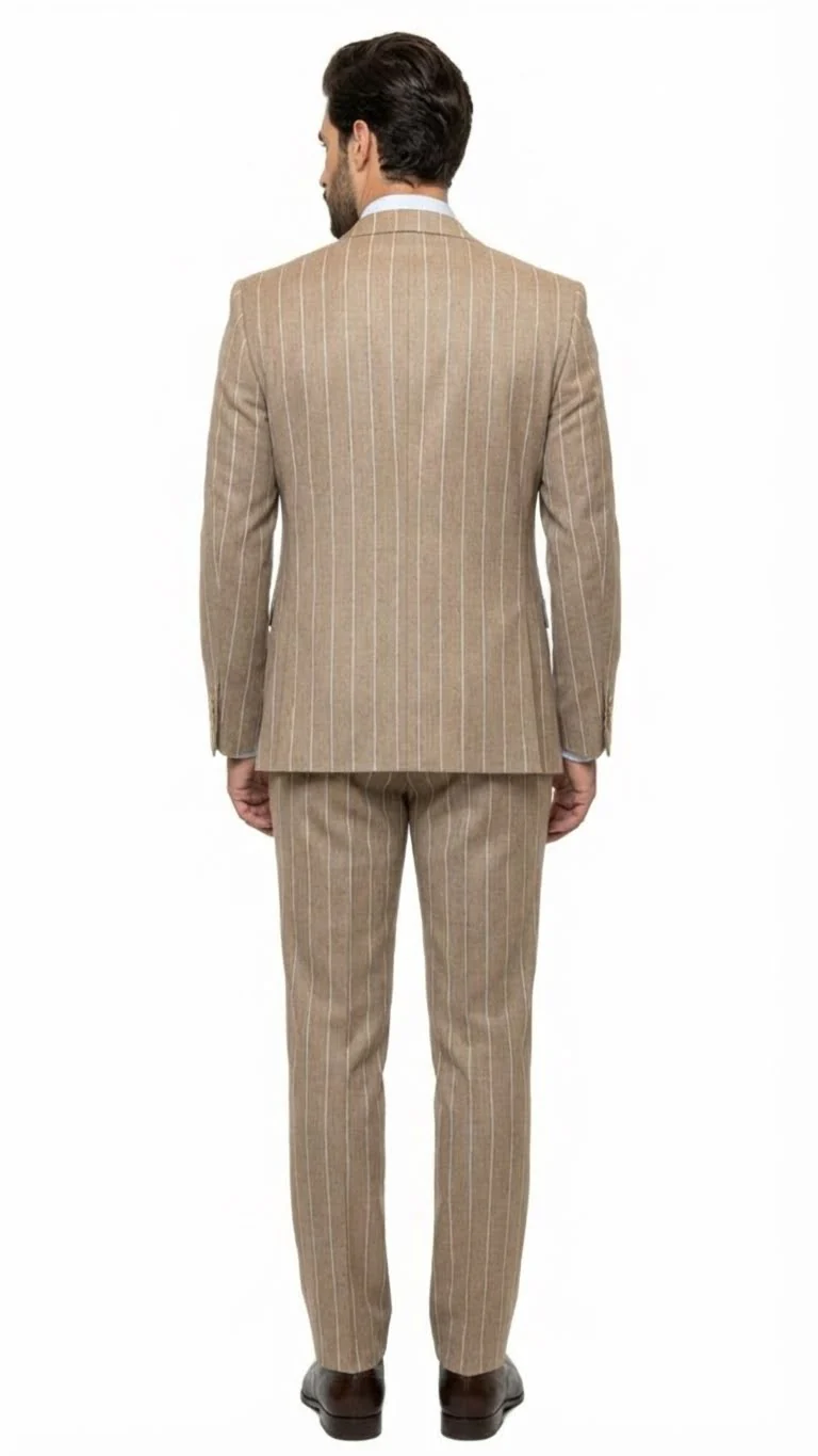 Men's Beige Pinstripe Three-Piece Vested Suit – Tailored Fit Business Attire in Tan Stripe by Rossiman - Image 2