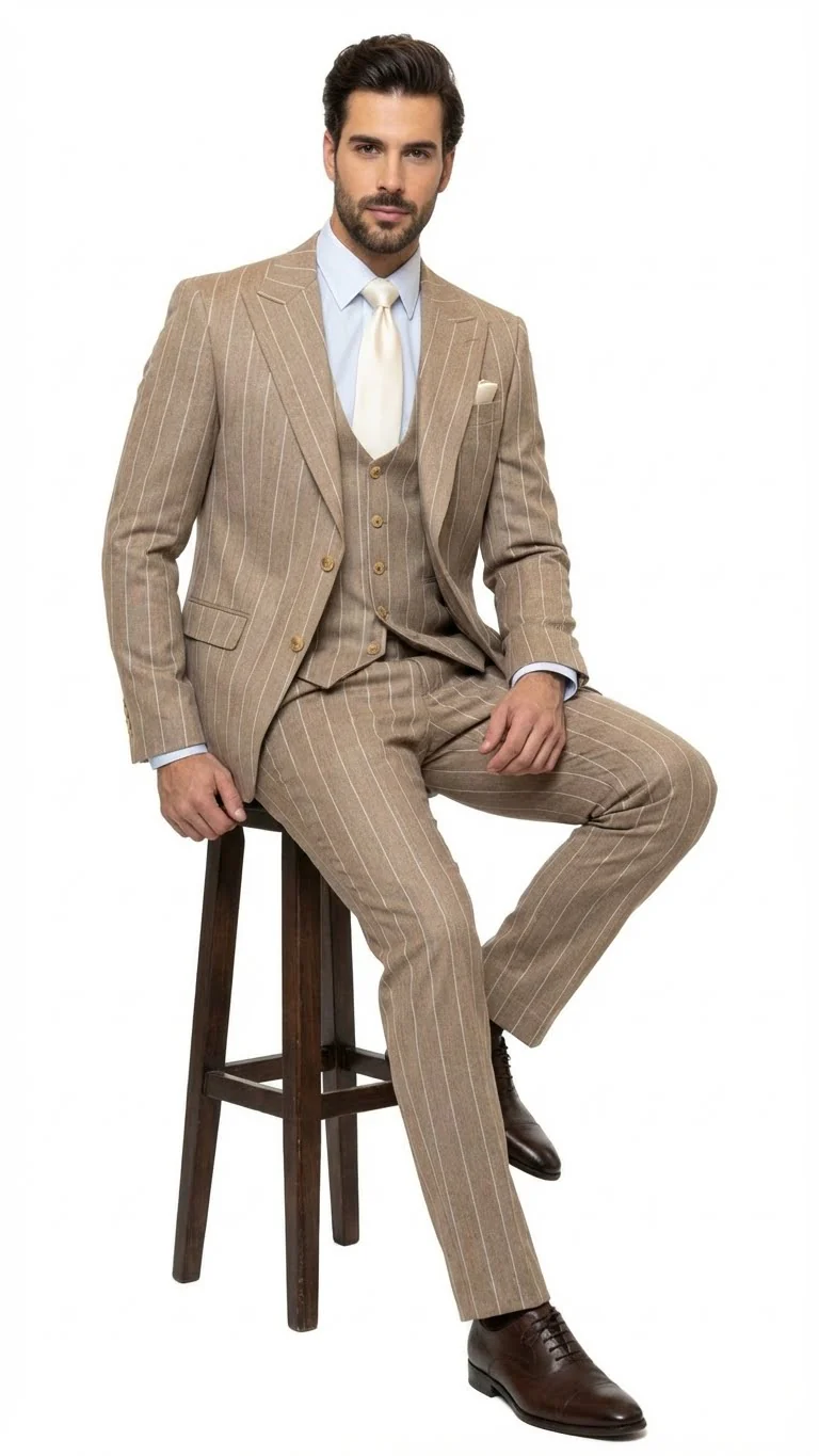 Men's Beige Pinstripe Three-Piece Vested Suit – Tailored Fit Business Attire in Tan Stripe by Rossiman - Image 3