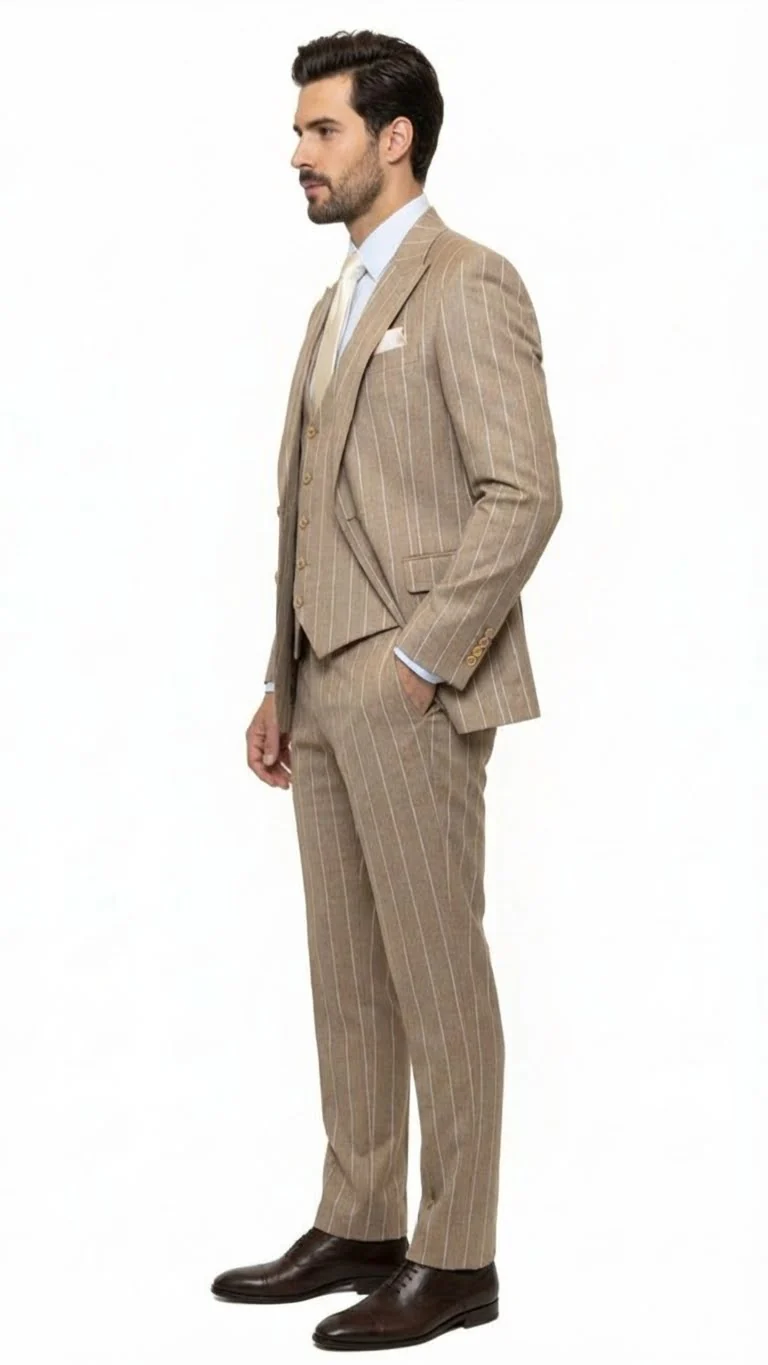 Men's Beige Pinstripe Three-Piece Vested Suit – Tailored Fit Business Attire in Tan Stripe by Rossiman - Image 4