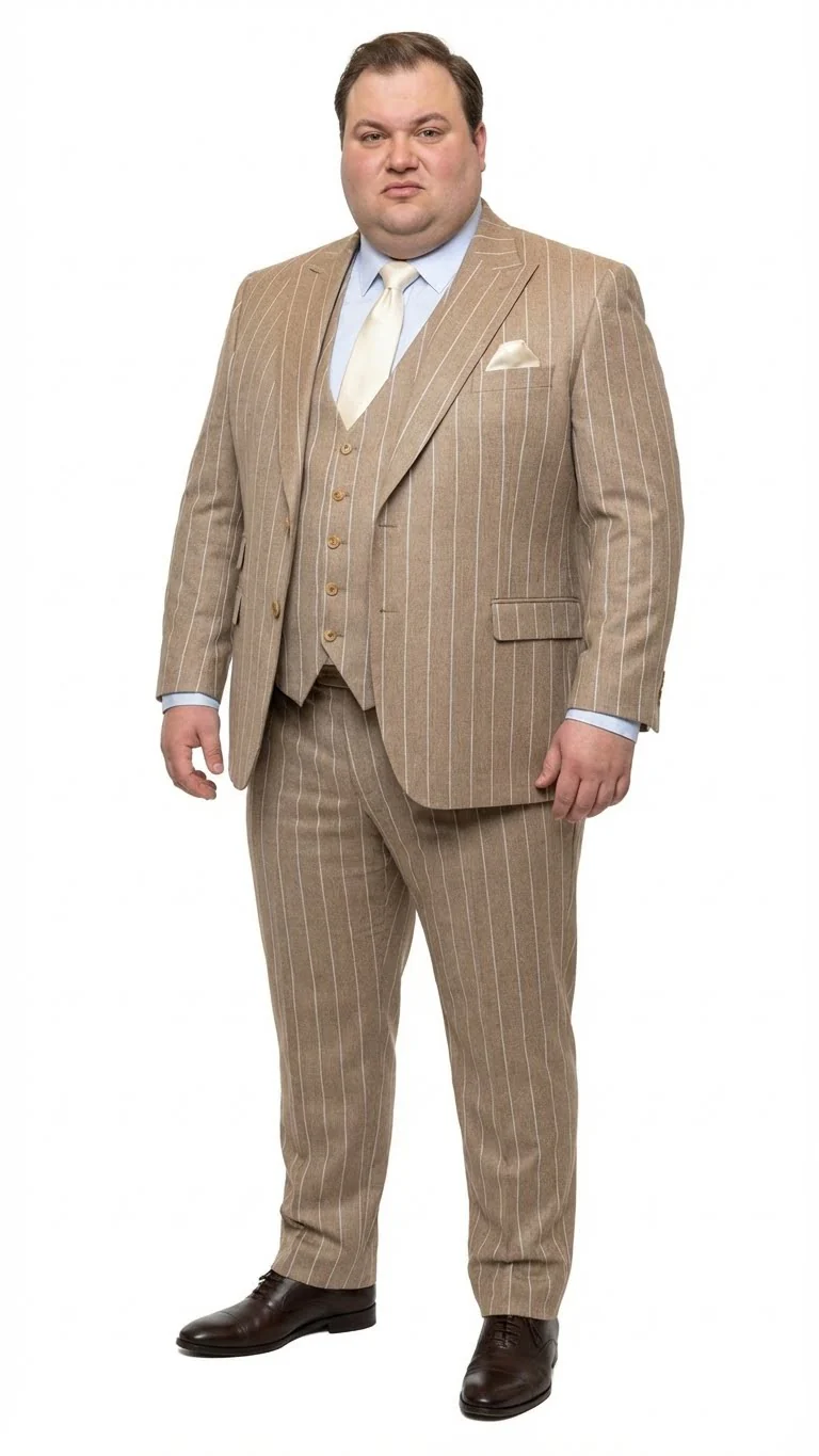 Men's Beige Pinstripe Three-Piece Vested Suit – Tailored Fit Business Attire in Tan Stripe by Rossiman - Image 6