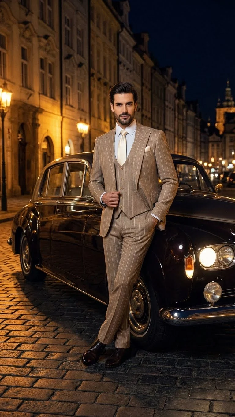 Men's Beige Pinstripe Three-Piece Vested Suit – Tailored Fit Business Attire in Tan Stripe by Rossiman - Image 7