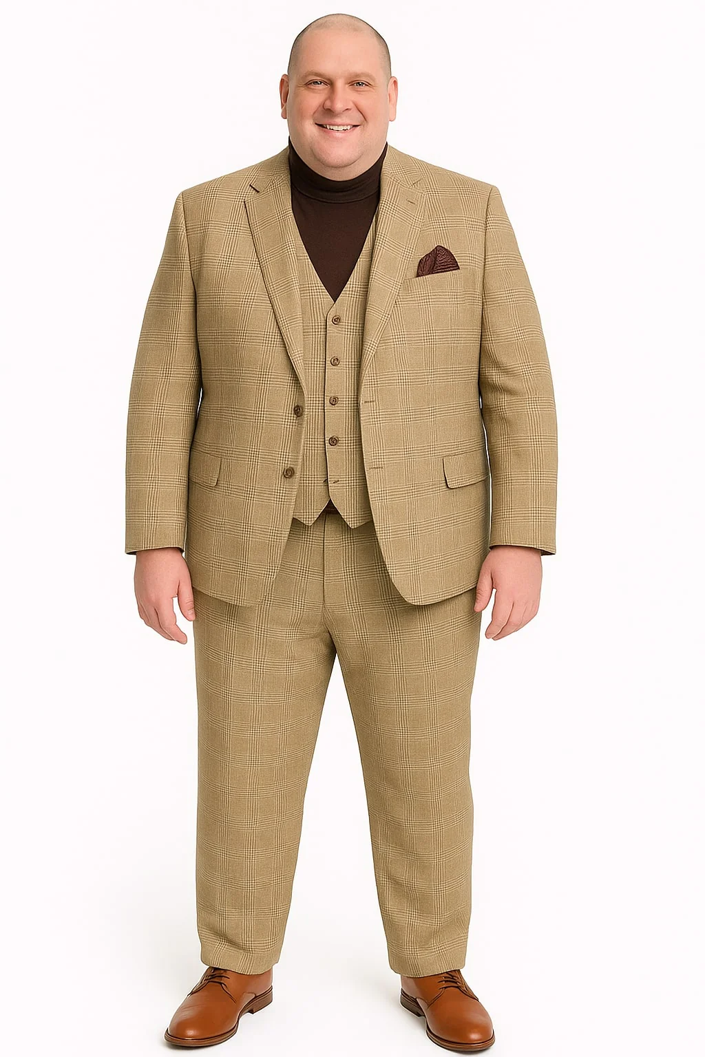 Mens Beige Plaid 3-Piece Suit – Classic Checkered Suit for Weddings, Church Vested Checkered Pattern - Image 3