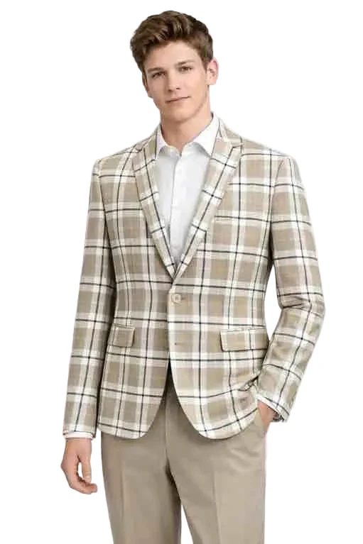Mens Beige Plaid Check Blazer β Modern Fit 2 Button Sport Coat Jacket