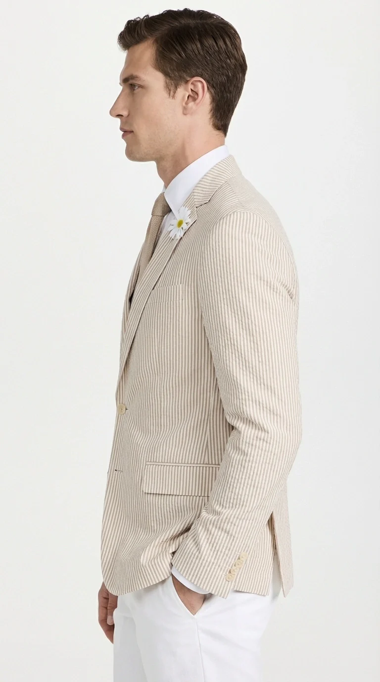 Mens Beige Seersucker Blazer β Lightweight Striped Summer Sport Coat Casual Smart Formal Blazer