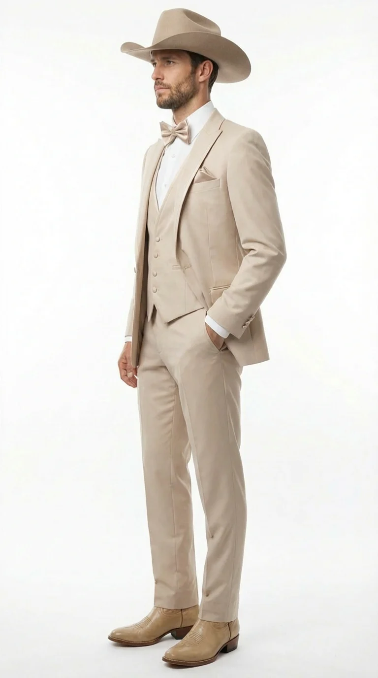 Mens Beige Tan Khaki CowboyTuxedo Suit – Western Formal Three Piece Suit with Jacket Vest and Pants - Image 3