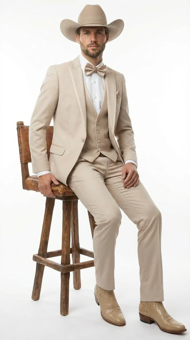 Mens Beige Tan Khaki CowboyTuxedo Suit – Western Formal Three Piece Suit with Jacket Vest and Pants - Image 4