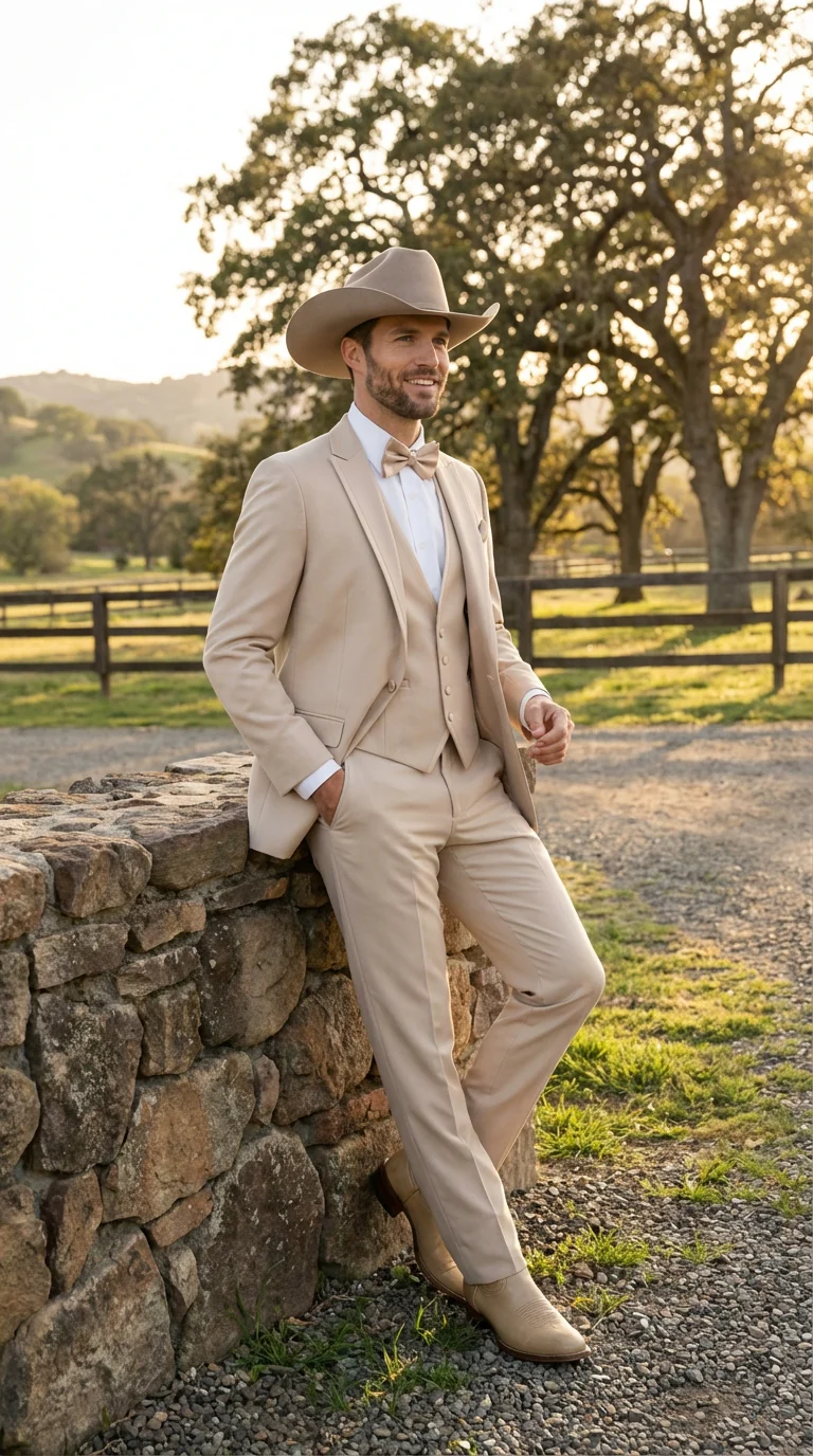 Mens Beige Tan Khaki CowboyTuxedo Suit – Western Formal Three Piece Suit with Jacket Vest and Pants - Image 5