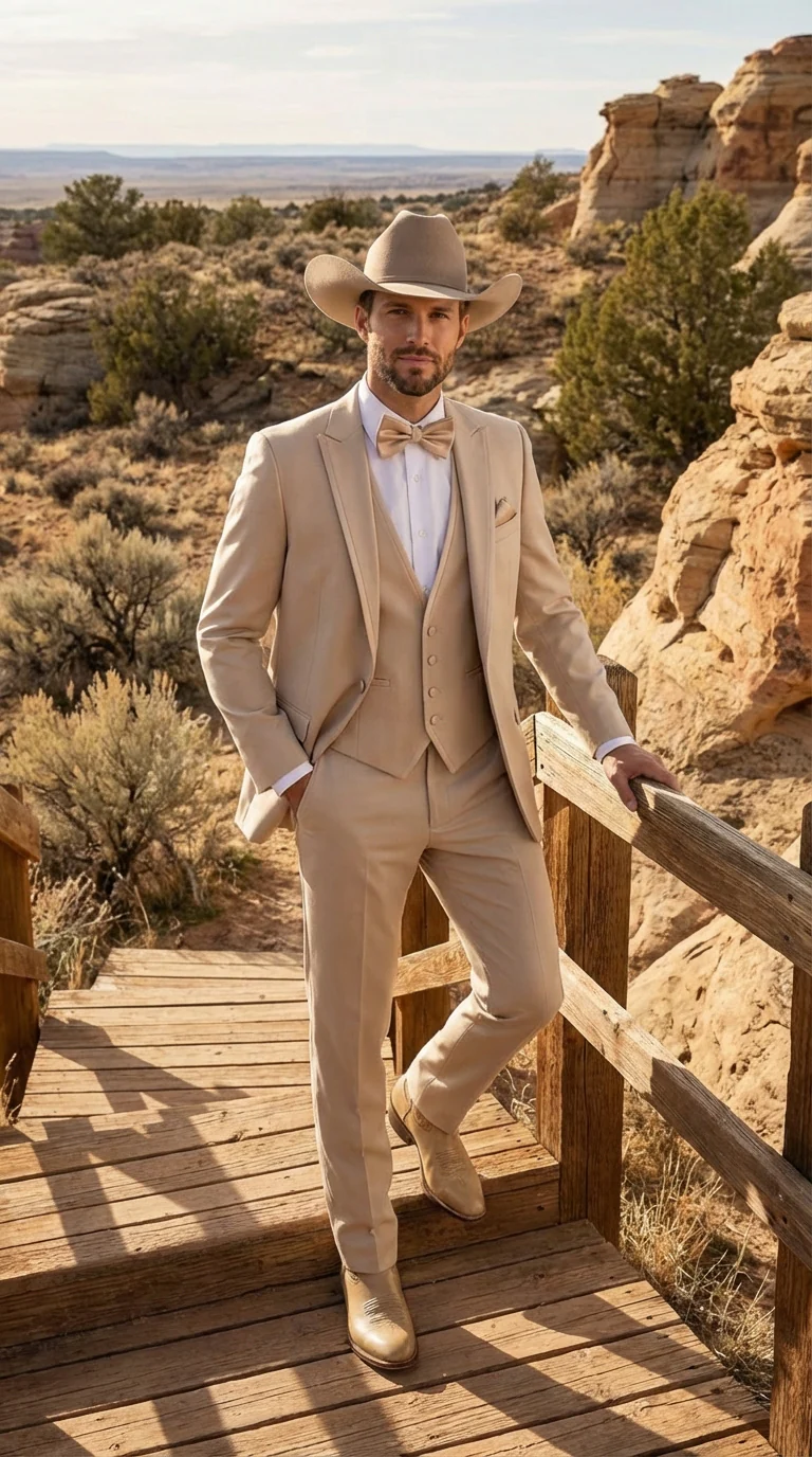Mens Beige Tan Khaki CowboyTuxedo Suit – Western Formal Three Piece Suit with Jacket Vest and Pants - Image 6