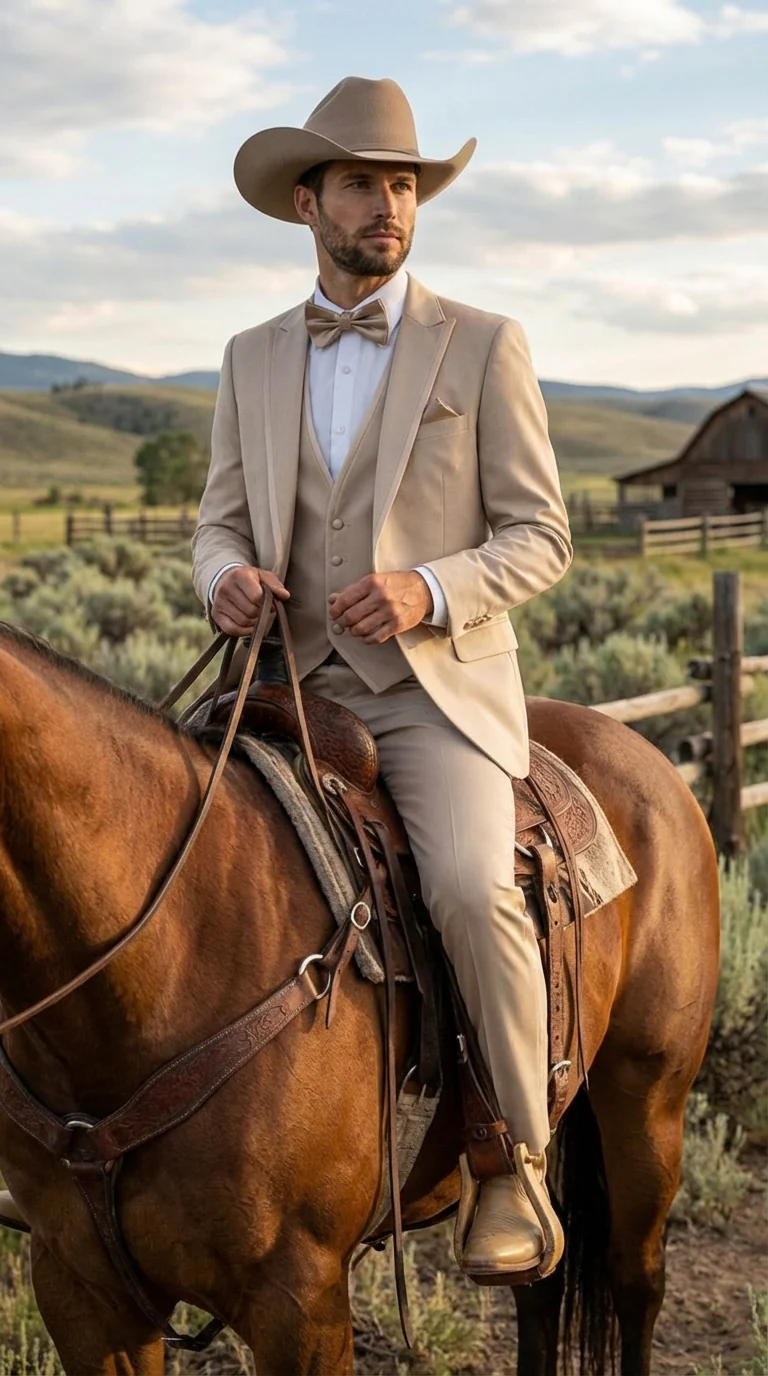 Mens Beige Tan Khaki CowboyTuxedo Suit – Western Formal Three Piece Suit with Jacket Vest and Pants - Image 7