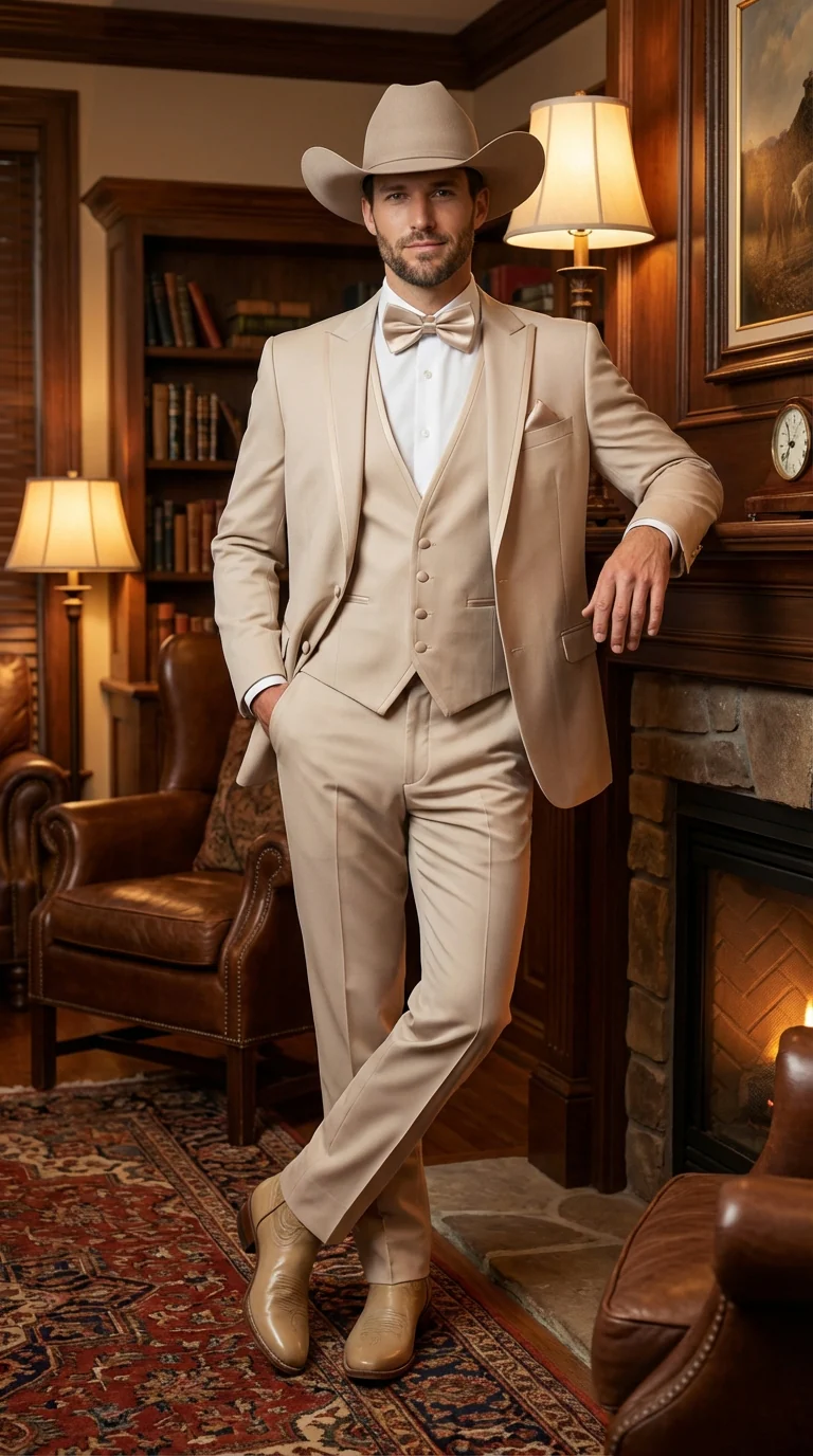 Mens Beige Tan Khaki CowboyTuxedo Suit – Western Formal Three Piece Suit with Jacket Vest and Pants - Image 8