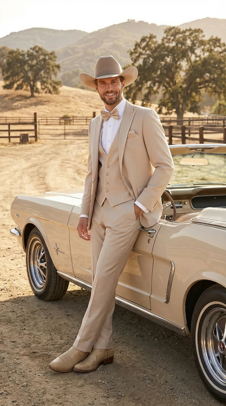 Mens Beige Tan Khaki CowboyTuxedo Suit – Western Formal Three Piece Suit with Jacket Vest and Pants - Image 9
