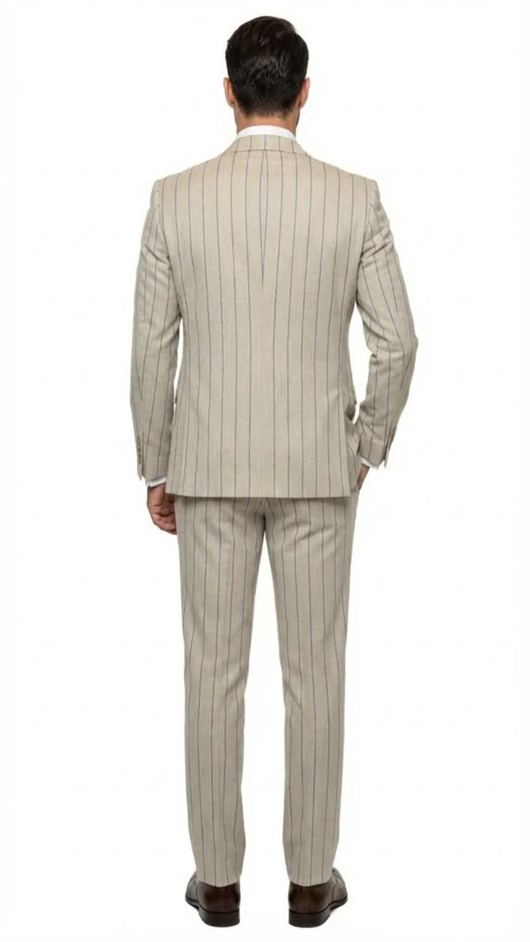 Men's Beige with blue Pinstripe Three-Piece Suit with Vest by Rossiman Vested Peak Lapel in Tan Stripe 1920s style - Image 2