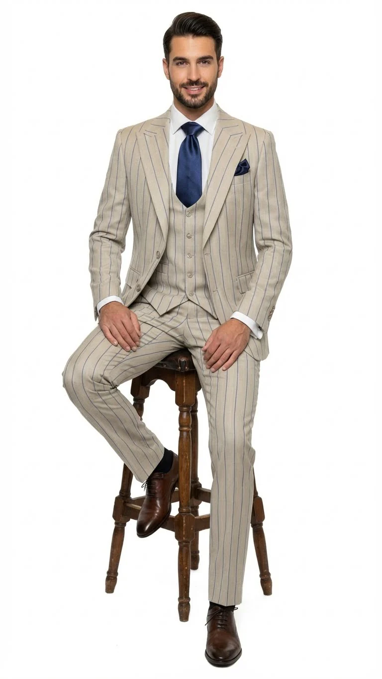 Men's Beige with blue Pinstripe Three-Piece Suit with Vest by Rossiman Vested Peak Lapel in Tan Stripe 1920s style - Image 4