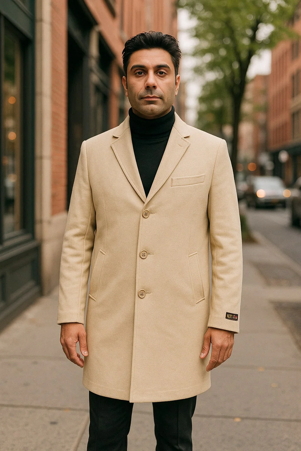 Mens Beige Wool Overcoat with Classic Notch Lapel and Single-Breasted Closure - Light Tan Sand Color - Image 3