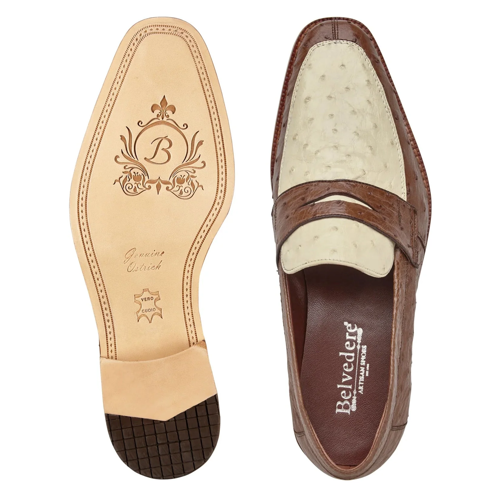 Men's Belvedere Espada Ostrich Quill Penny Loafer Dress Shoe – Brown & Ivory - Image 4