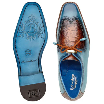 Belvedere Etore Hand Painted Calf & Ostrich Wingtip in Blue & Camel - Image 3