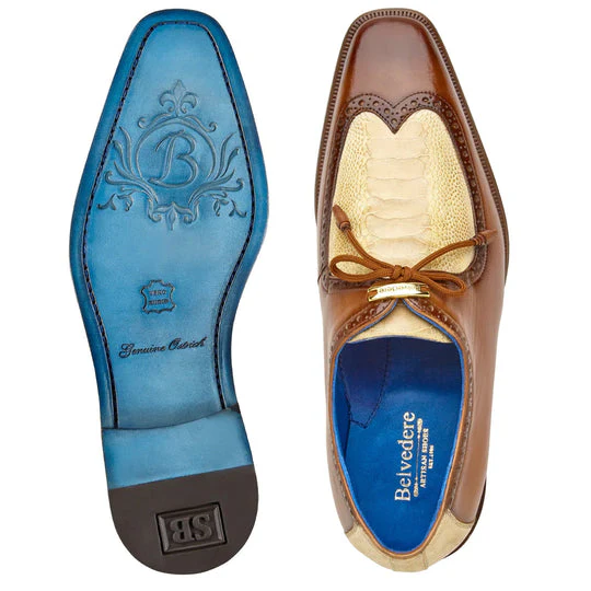 Belvedere Etore Men's Hand Painted Calf & Ostrich Leg Wingtip Shoe in Camel & Bone - Image 3