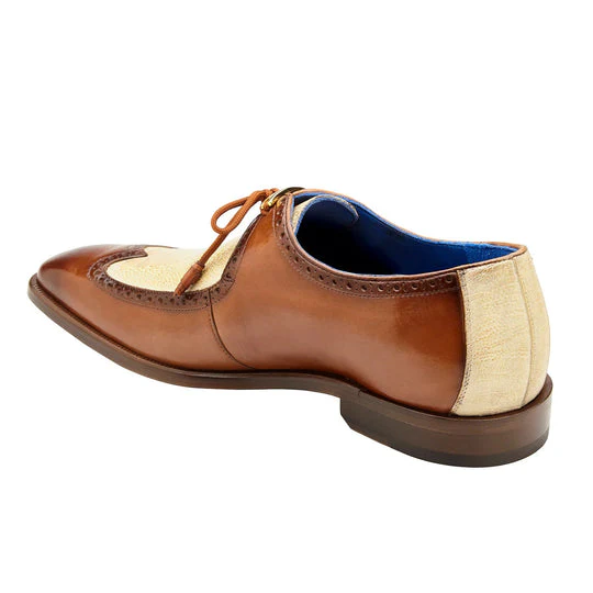 Belvedere Etore Men's Hand Painted Calf & Ostrich Leg Wingtip Shoe in Camel & Bone - Image 4