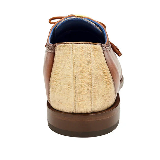 Belvedere Etore Men's Hand Painted Calf & Ostrich Leg Wingtip Shoe in Camel & Bone - Image 5