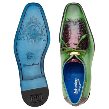 Belvedere Etore Wingtip Dress Shoe – Hand Painted Calf & Ostrich Leg in Green & Burgundy - Image 3