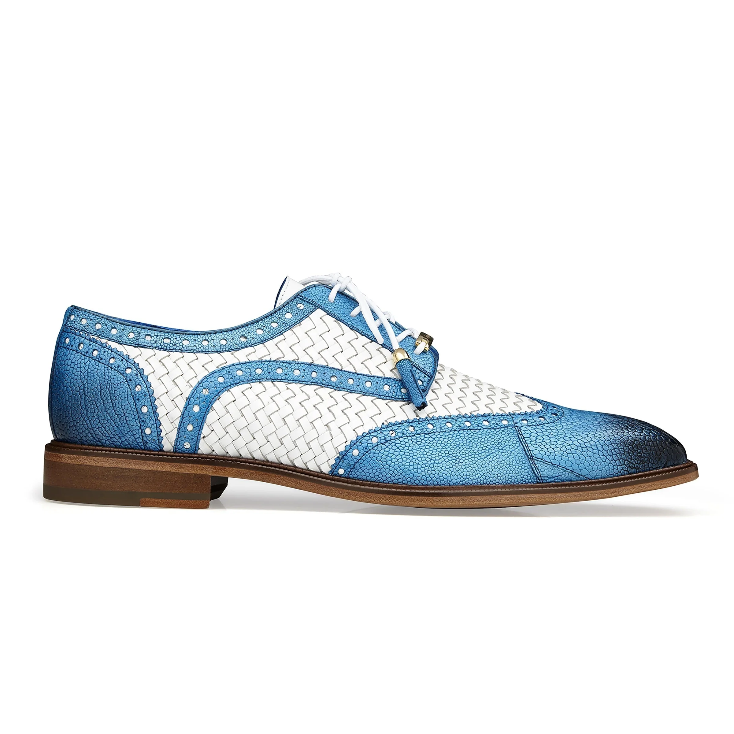 Belvedere Gerry Ostrich & Woven Calf Wingtip Dress Shoe – Tan & Navy - Image 3