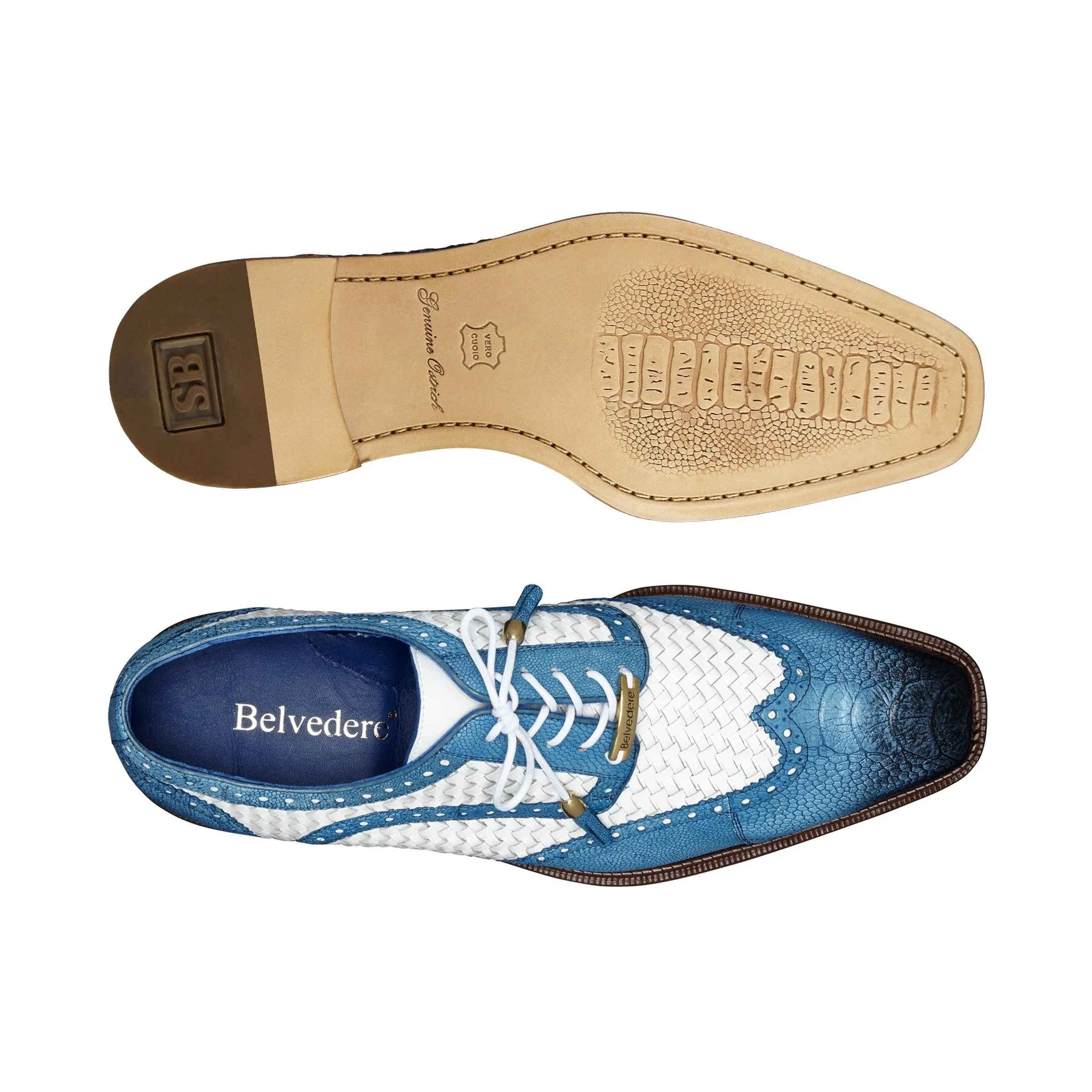 Belvedere Gerry Ostrich & Woven Calf Wingtip Dress Shoe – Tan & Navy - Image 4