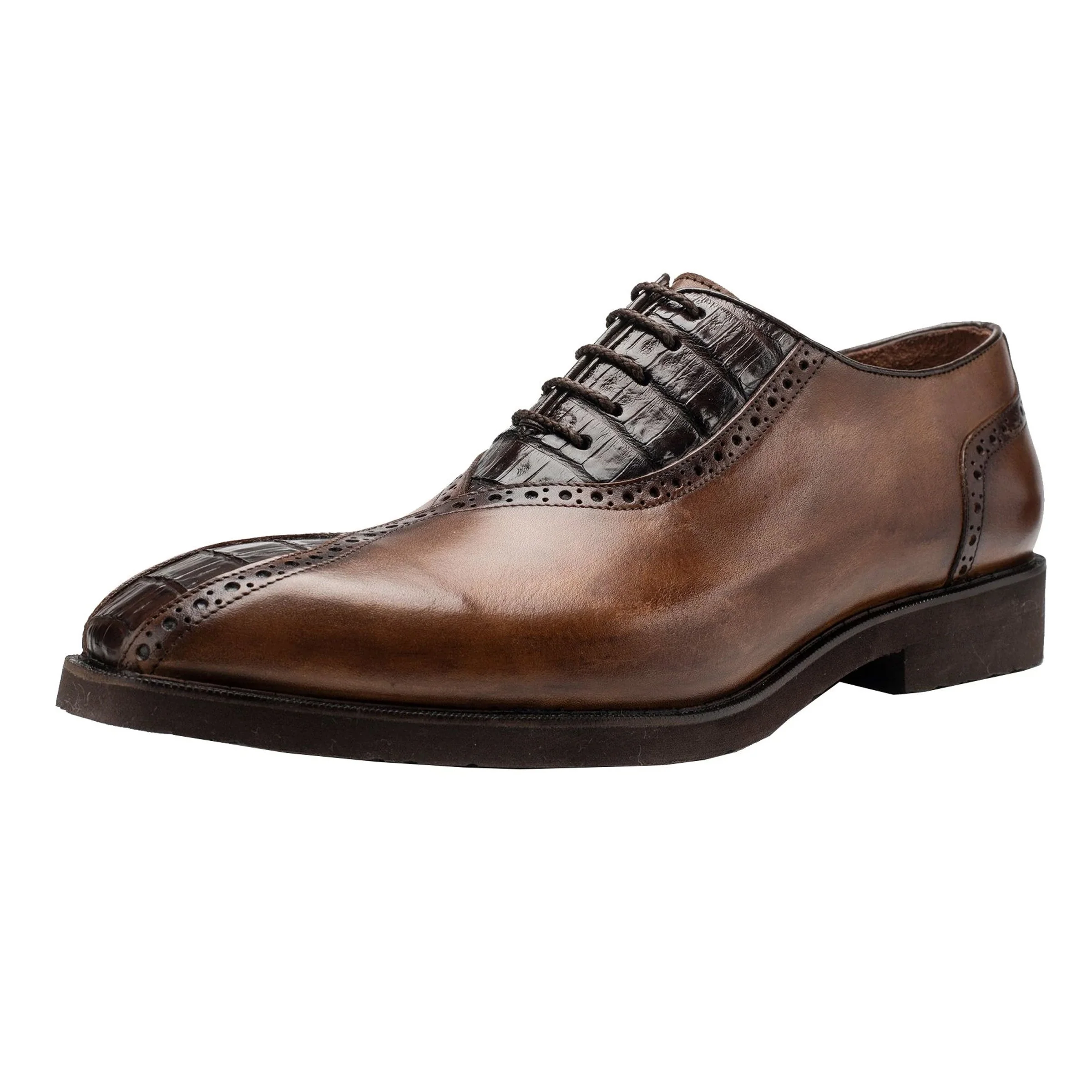 Belvedere Grant Calf Skin & Crocodile Split Toe Dress Shoe - Almond Tan & Brown - Image 3