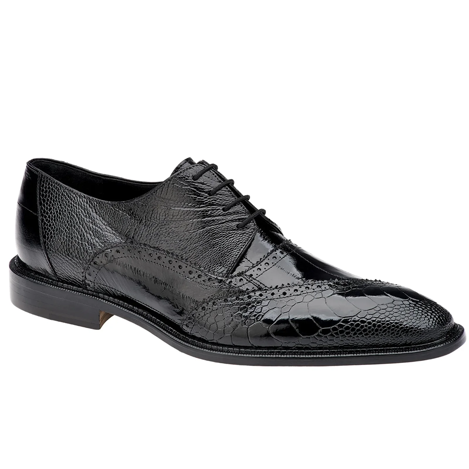 Men's Belvedere Nino Slanted Wingtip Ostrich Leg & Eel Dress Shoe in Black - Image 2