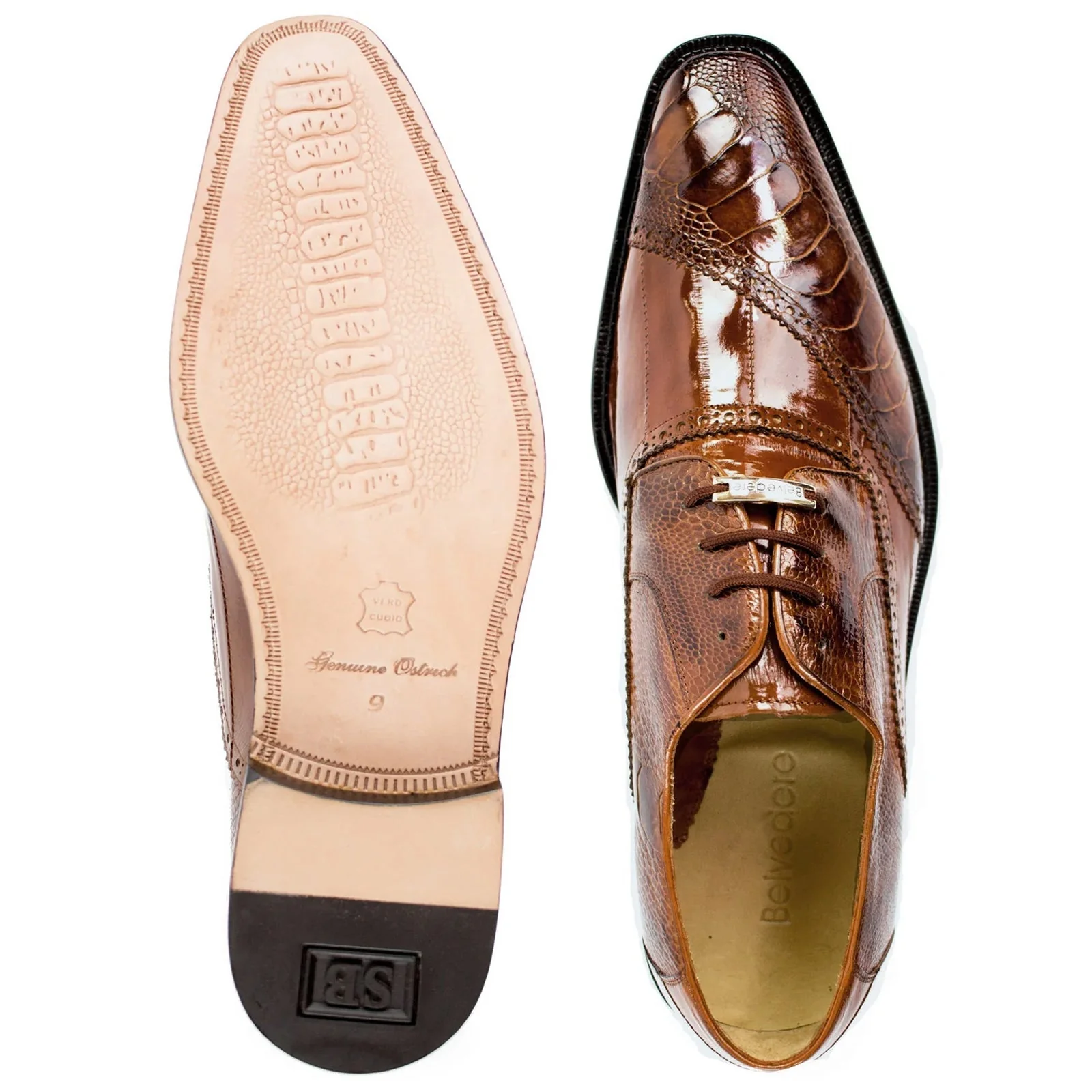 Men's Belvedere Nino Slanted Wingtip Ostrich Leg & Eel Dress Shoe in Camel - Image 3