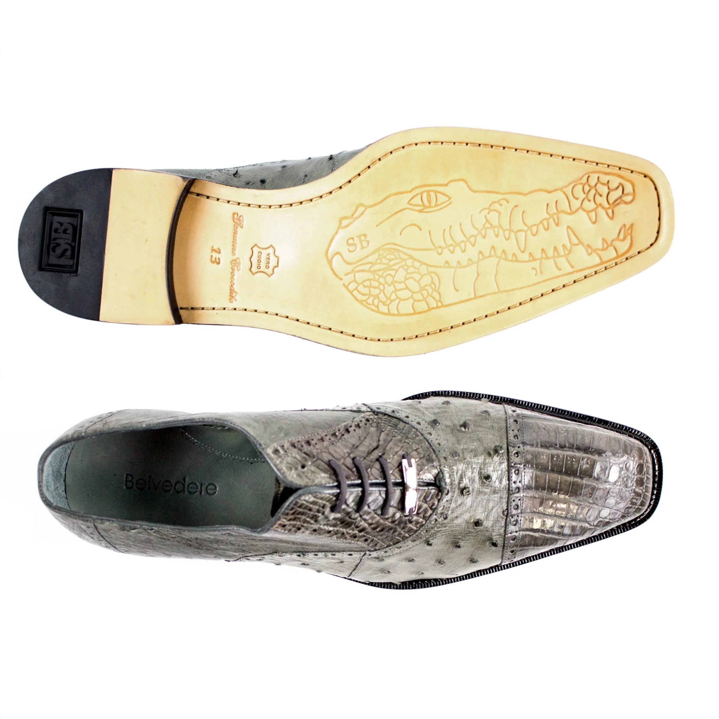 Belvedere Onesto Navy Ostrich & Caiman Crocodile Dress Shoe for Men - Image 5