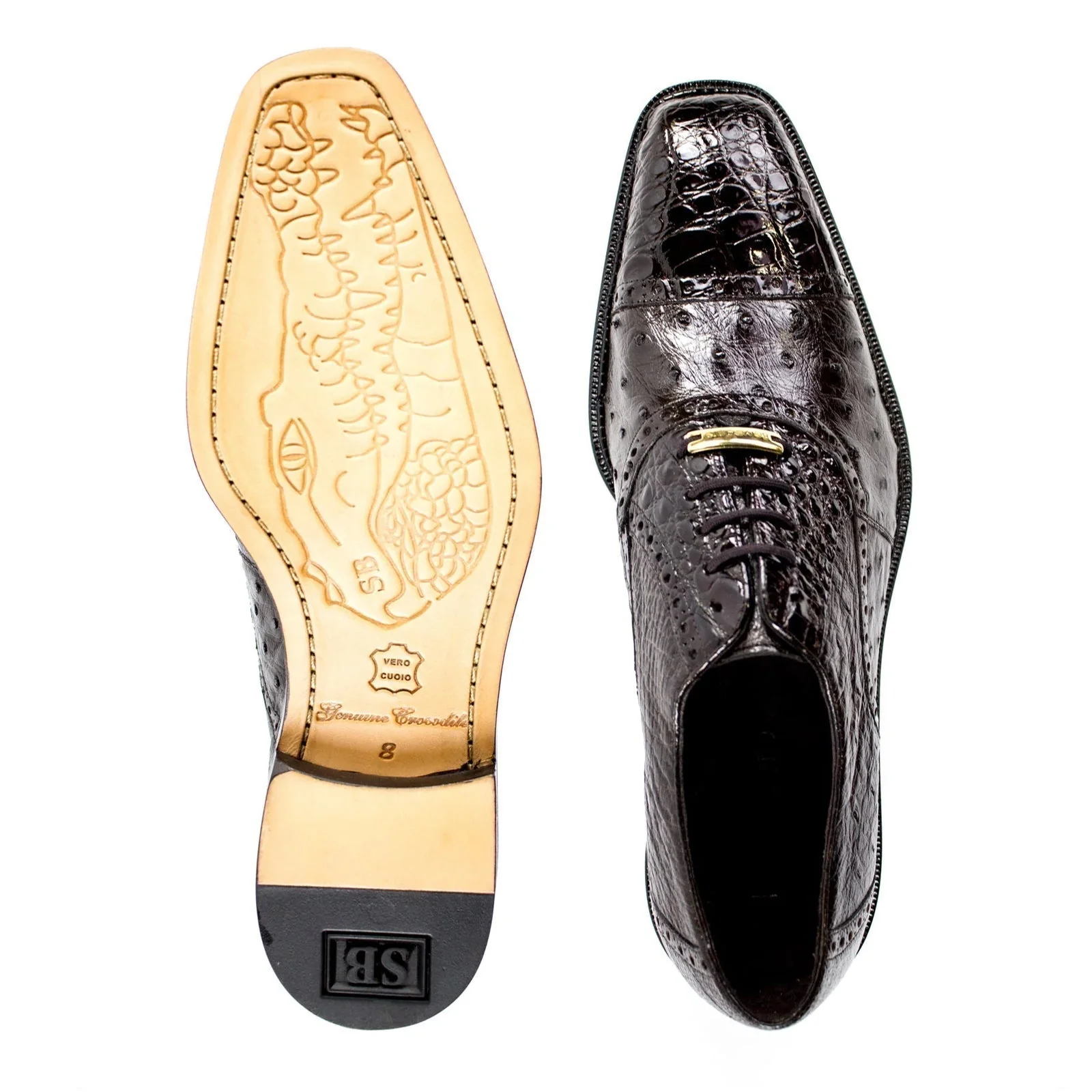 Men's Belvedere Onesto Ostrich Quill & Crocodile Cap Toe Dress Shoe in Brown - Image 2