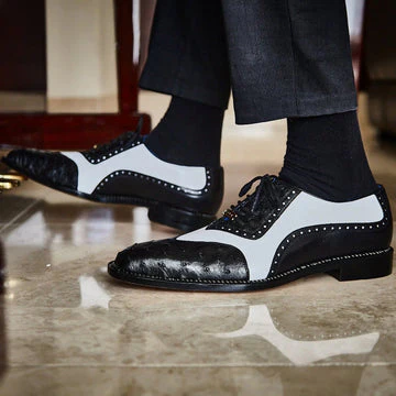 Men's Belvedere Sesto Italian Calf & Ostrich Wingtip in Black & White - Image 4