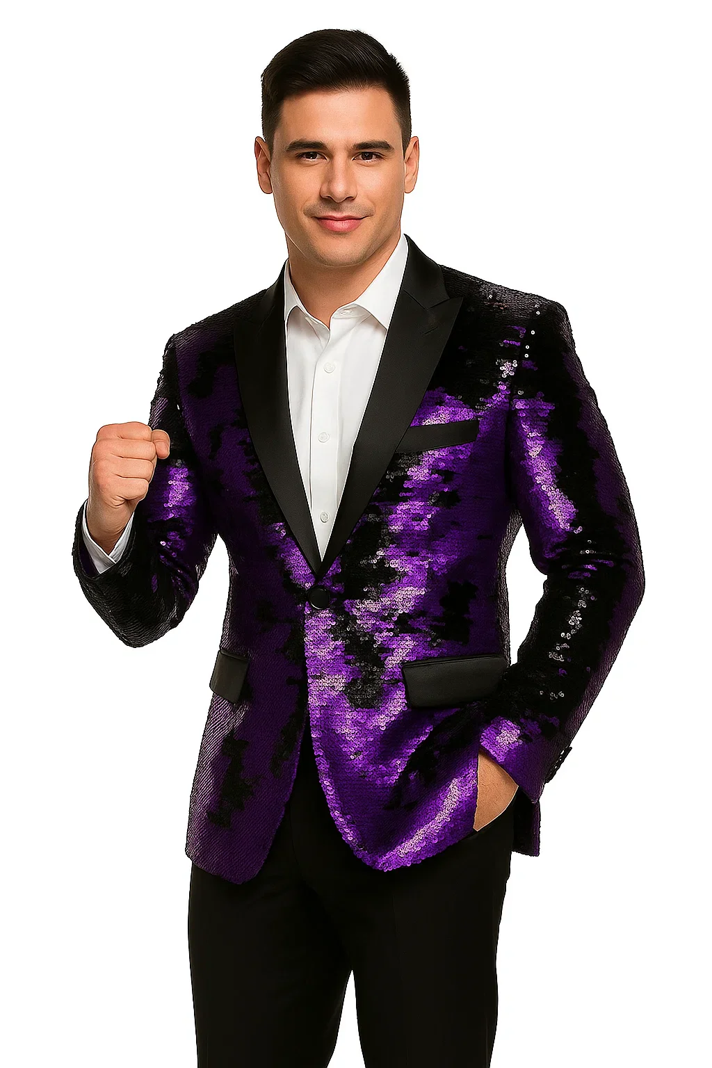 Mens Big and Tall Sequin Blazer - Shiny Fancy Sport Coat + Matching Bowtie + Purple Tuxedo - Image 5