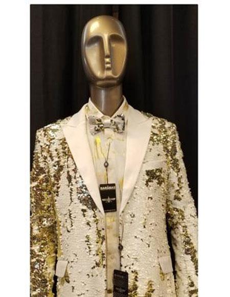 Mens Big and Tall Sequin Blazer - Shiny Fancy Sport Coat + Matching Bowtie + White ~ Gold Tuxedo - Image 2