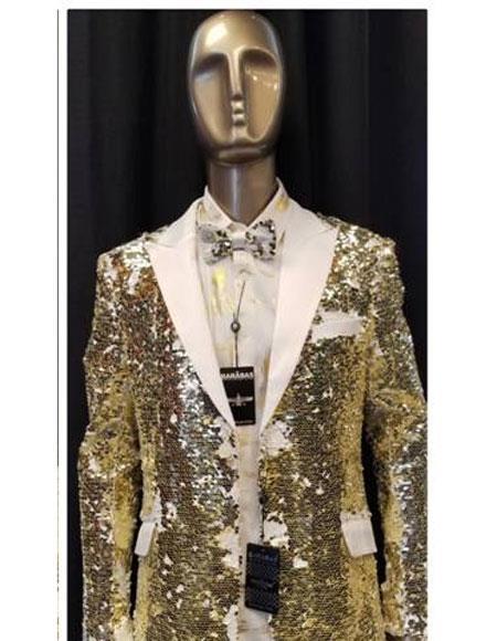 Mens Big and Tall Sequin Blazer - Shiny Fancy Sport Coat + Matching Bowtie + White ~ Gold Tuxedos