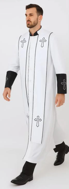 Men'S Big & Tall Church White/Black Cross Accent Robe With Stole Mandarin Suits - Image 5