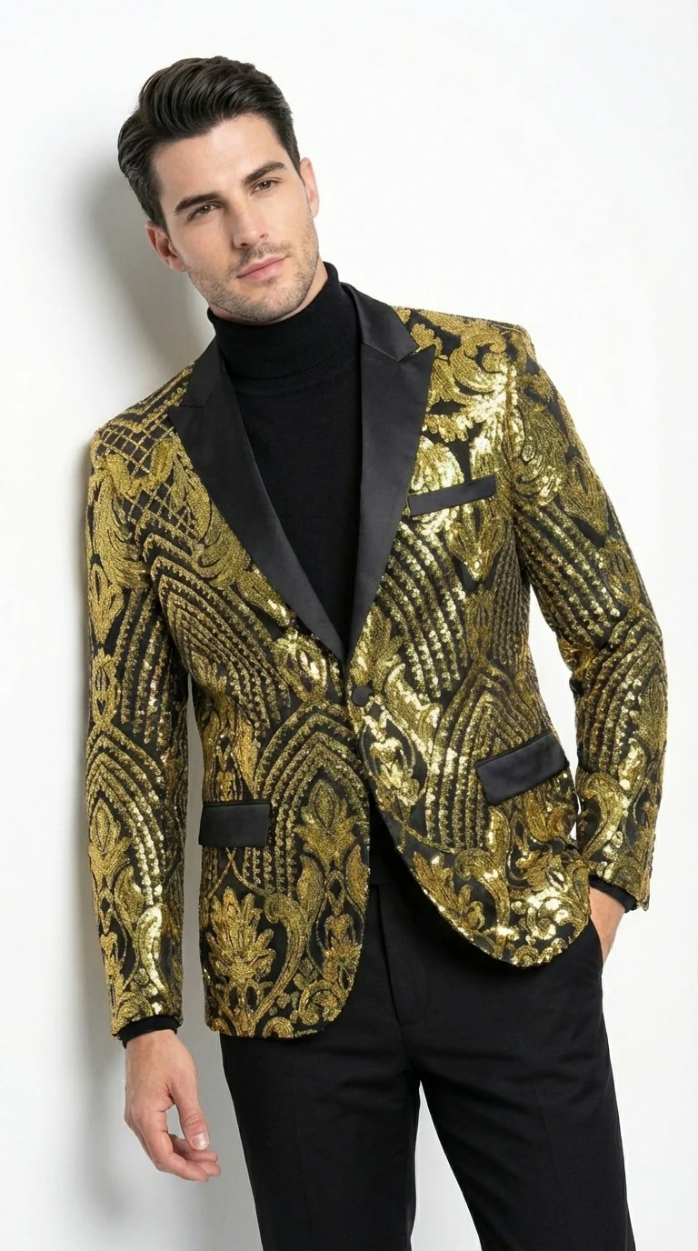 Mens Black and Gold Pattern Blazer – Gold Floral Luxury Formal Blazer Jacket for Prom, Wedding and Party Slim Fitted - Image 6