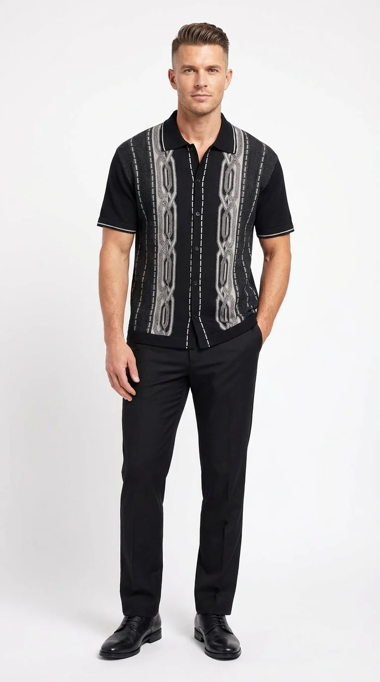 Mens Black and Gray Pattern Walking Suit Set – Short Sleeve Knit Shirt and Pants Casual Outfit for Summer, Travel and Everyday Wear - Image 3