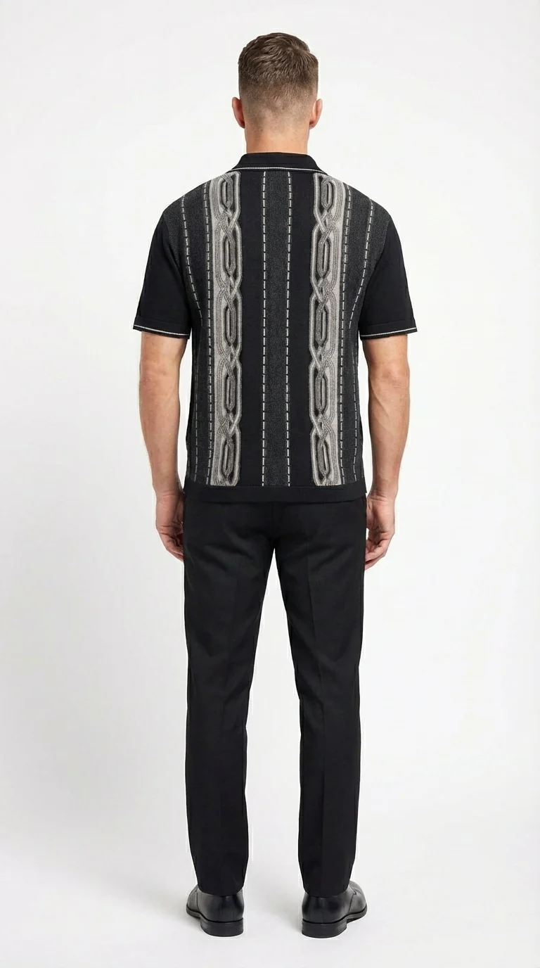 Mens Black and Gray Pattern Walking Suit Set – Short Sleeve Knit Shirt and Pants Casual Outfit for Summer, Travel and Everyday Wear - Image 4