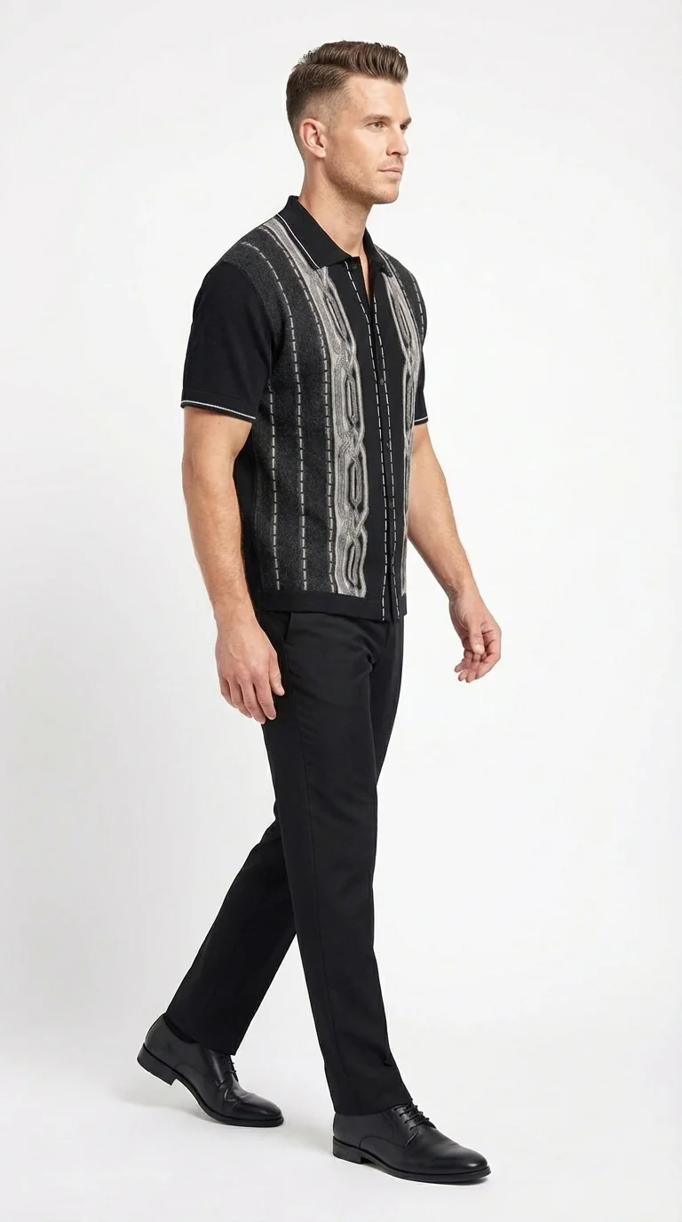 Mens Black and Gray Pattern Walking Suit Set – Short Sleeve Knit Shirt and Pants Casual Outfit for Summer, Travel and Everyday Wear - Image 5