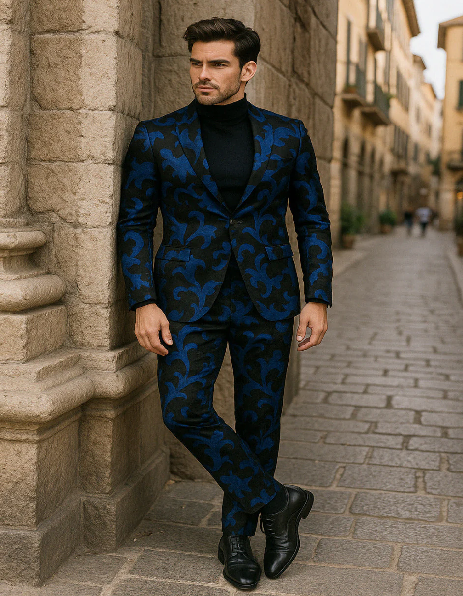 Mens Black and Royal Blue Floral Tuxedo Suit – Slim Fit 2 Piece Velvet Embroidered Outfit for Weddings, Prom, and Formal Events - Image 2