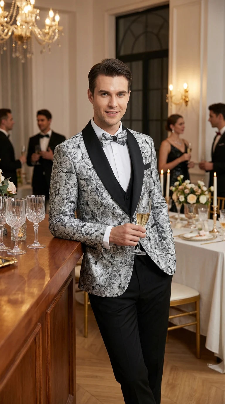 Mens Black and Silver Floral Tuxedo – Luxury Patterned Wedding, Prom and Formal Dinner Tuxedo - Image 14