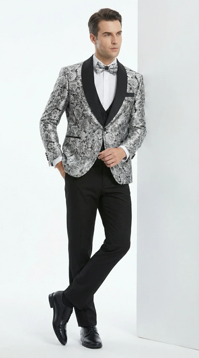 Mens Black and Silver Floral Tuxedo – Luxury Patterned Wedding, Prom and Formal Dinner Tuxedo - Image 2