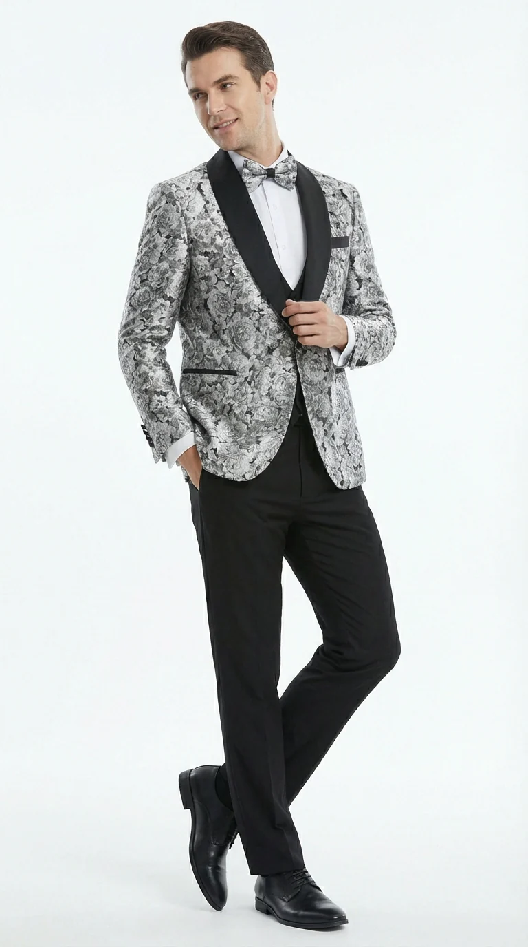 Mens Black and Silver Floral Tuxedo – Luxury Patterned Wedding, Prom and Formal Dinner Tuxedo - Image 5