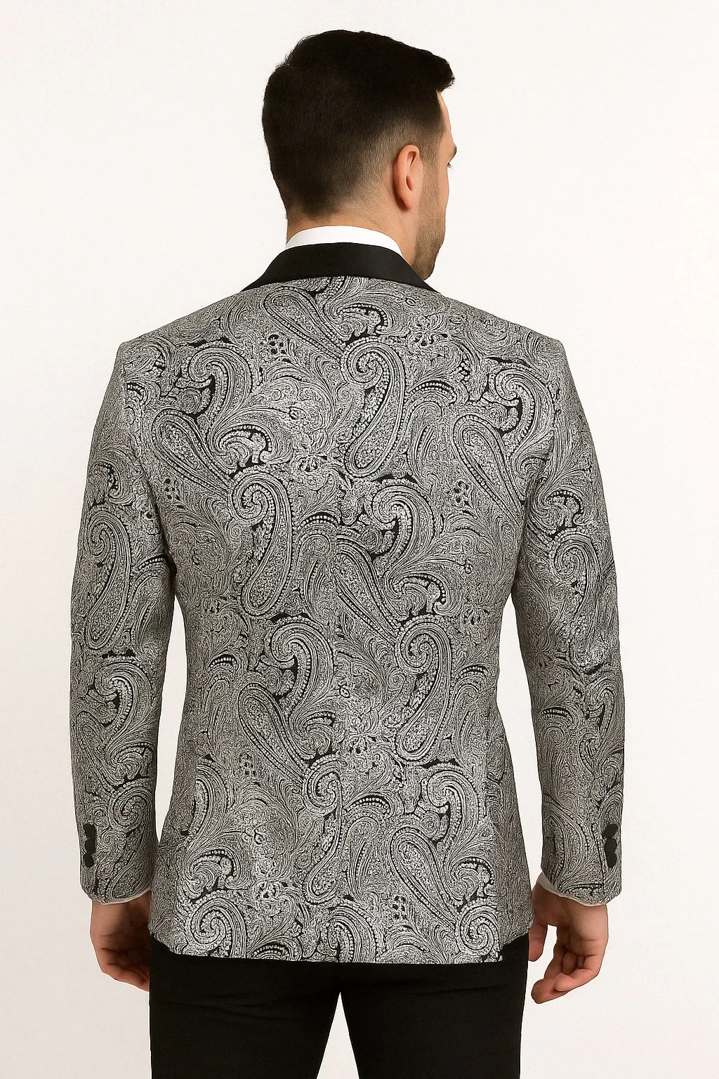 Mens Black and Silver Paisley Tuxedo with Satin Lapel and Bow Tie – Formal Party Suit - Image 4
